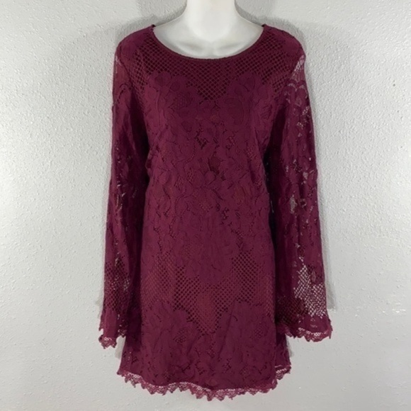 Lulu’s Can't Forget You Burgundy Lace Bell Sleeve Shift Dress - Picture 8 of 14